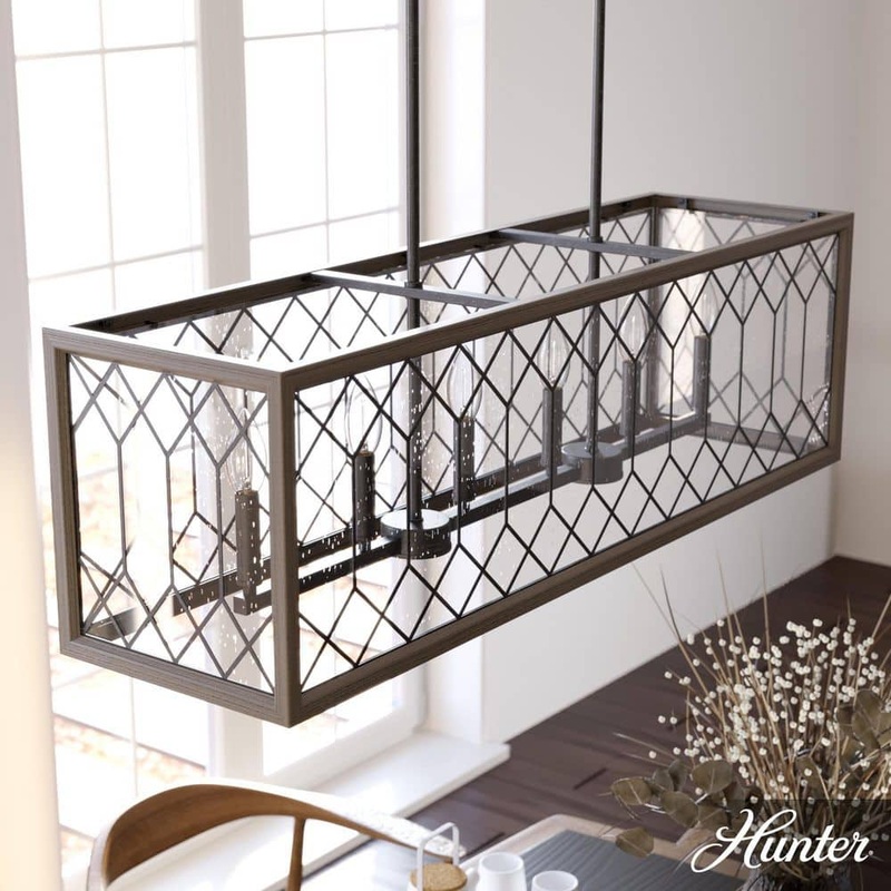 Hunter Chevron 6-Light Rustic Iron Billiard Chandelier with Clear Seeded Glass Shade