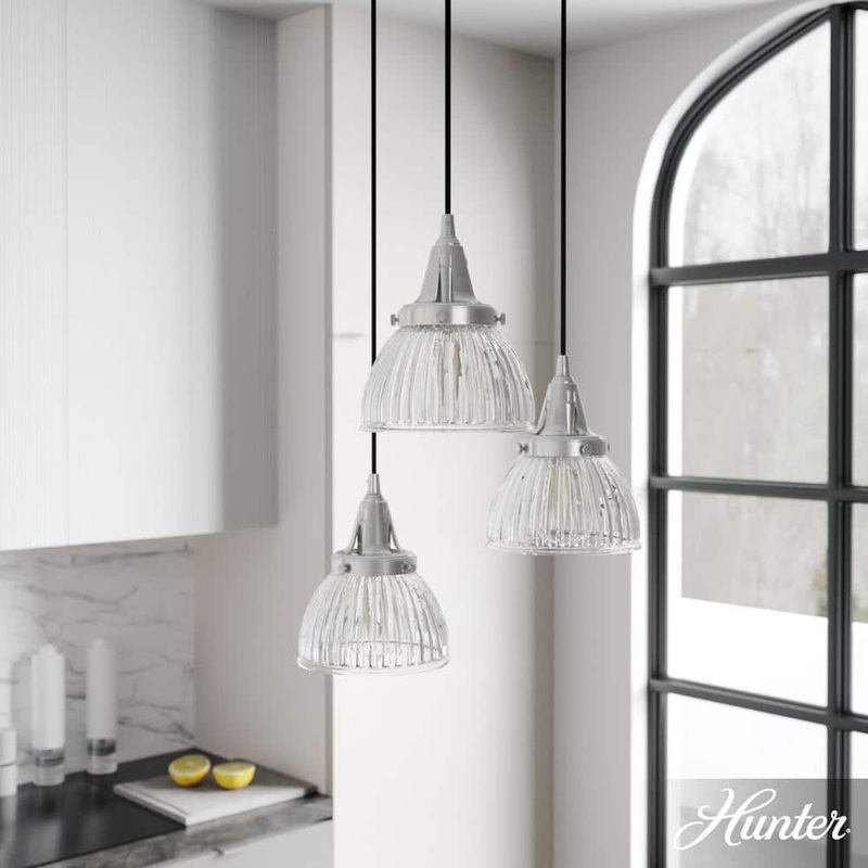 Hunter Cypress Grove 3 Light Brushed Nickel Waterfall Chandelier with Clear Holophane Glass Shades Kitchen Light
