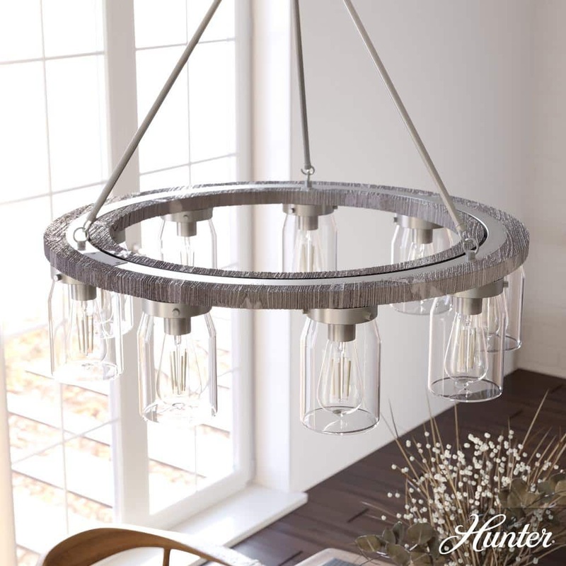 Hunter Devon Park 9-Light Brushed Nickel Wagonwheel Chandelier with Clear Glass Shades Kitchen Light