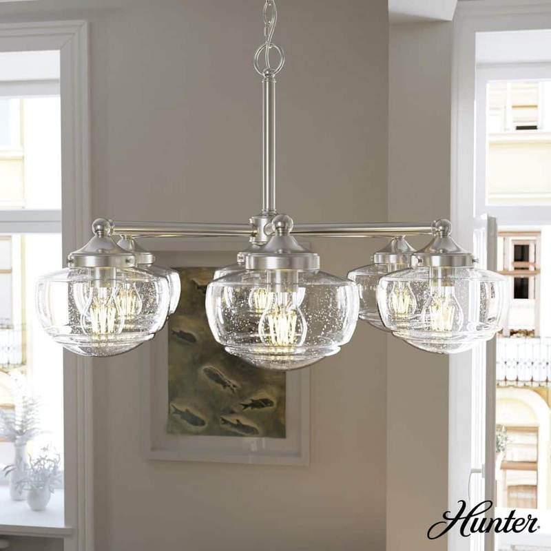 Hunter Saddle Creek 6-Light Brushed Nickel Schoolhouse Chandelier with Clear Seeded Glass Shades