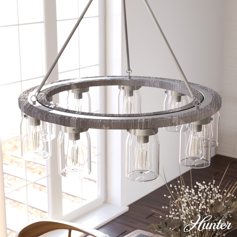 Hunter Devon Park 9-Light Brushed Nickel Farmhouse Led Crystal Chandelier