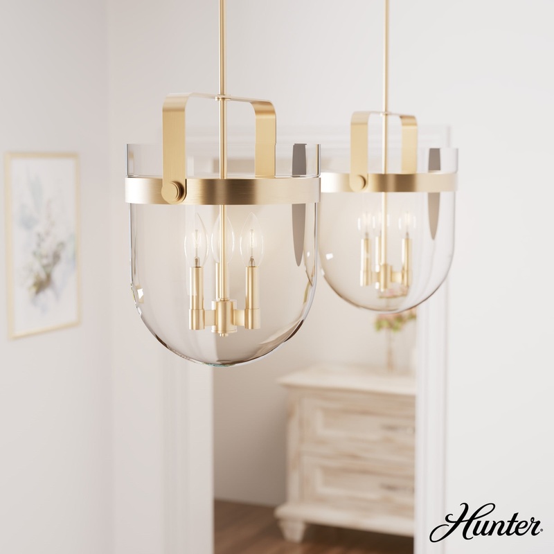 Hunter Karloff 3-Light Alturas Gold Transitional Clear Glass Bell LED Medium Hanging Kitchen Island Light