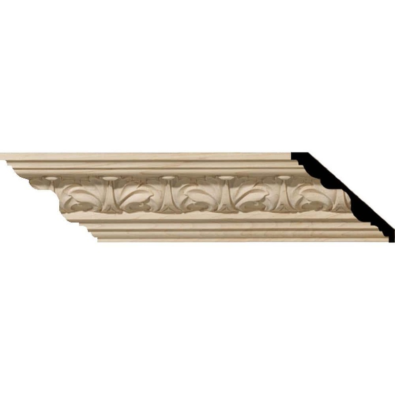 Ekena Millwork 3-5/8 in. x 94-1/2 in. x 3-1/4 in. Unfinished Wood Maple Acanthus Leaf Carved Crown Moulding