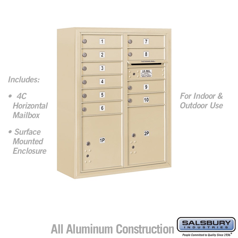 10 Door High Surface Mounted 4C Horizontal Mailbox with Parcel Lockers in Sandstone